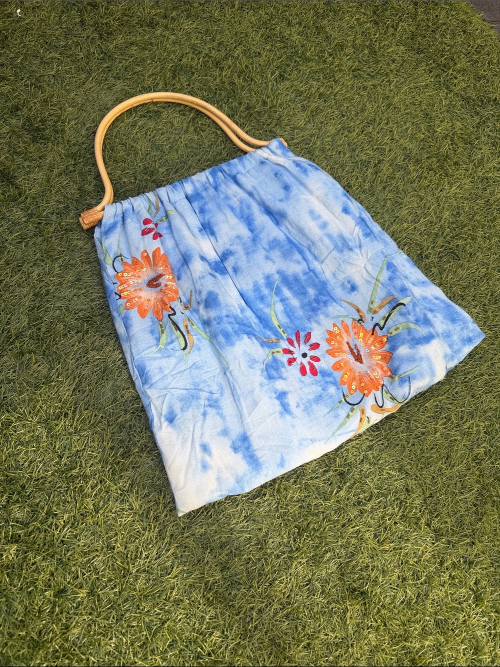 Blue Floral Sequin Bamboo Handle Tote Bag Boho Beach Purse Handmade Style